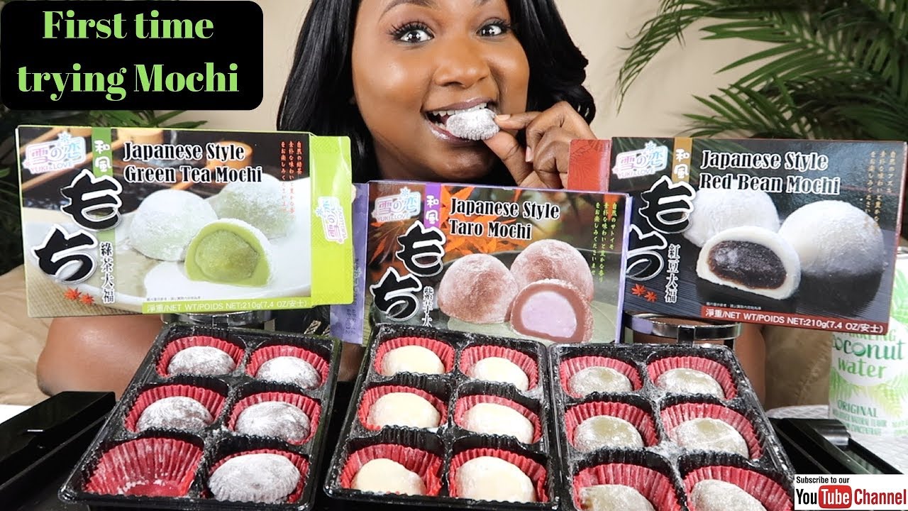 FIRST TIME TRYING MOCHI ( GREEN TEA , TARO , RED BEAN )