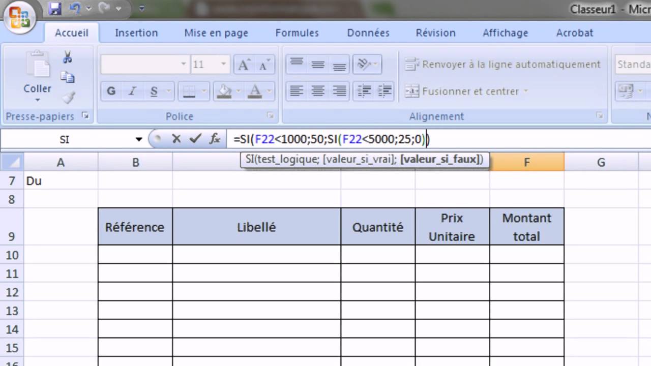 Excel 2007 - Exercice sur les fonctions SI() et ESTVIDE() - Meubles SI - Exercice 7