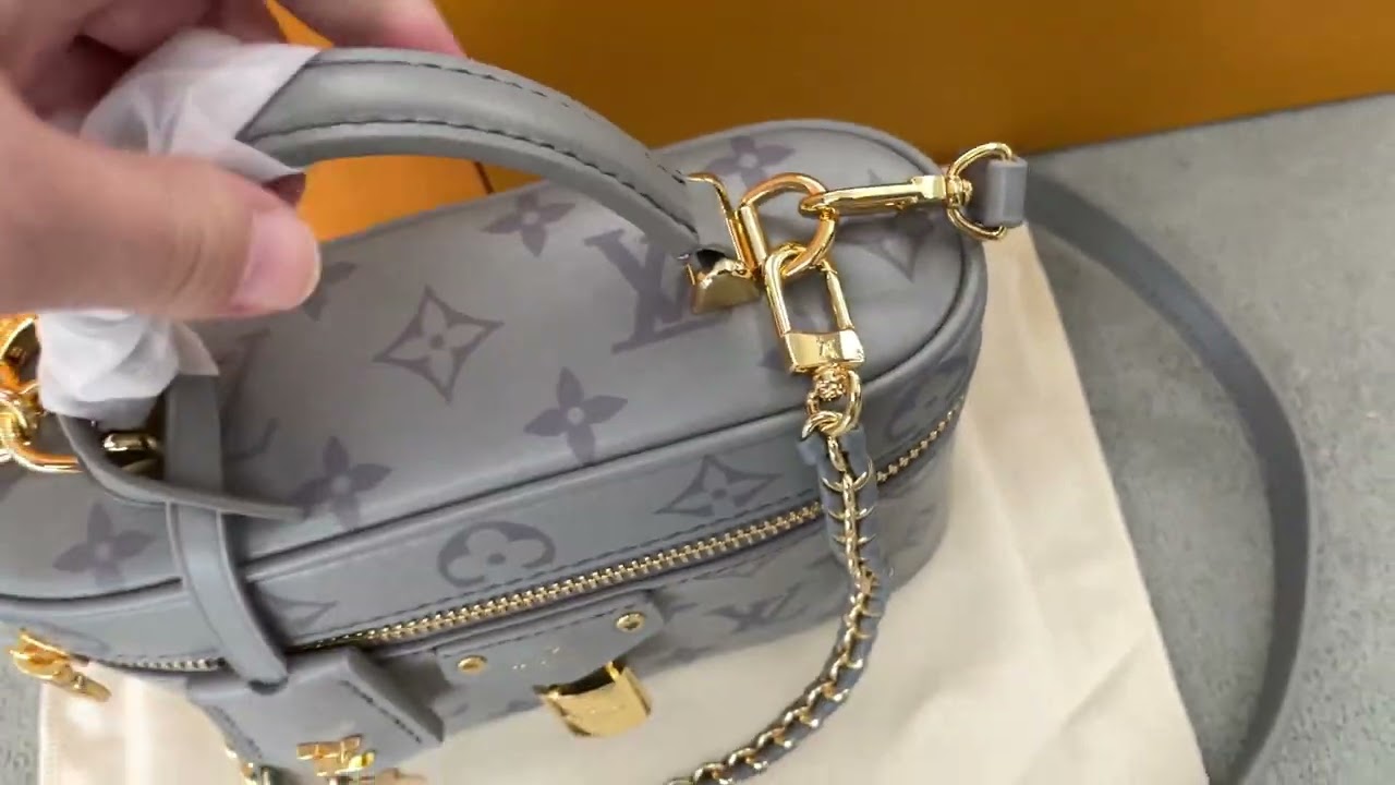 L-ouis Vuitton Calfskin Monogram Vanity Chain Pouch Trianon Grey