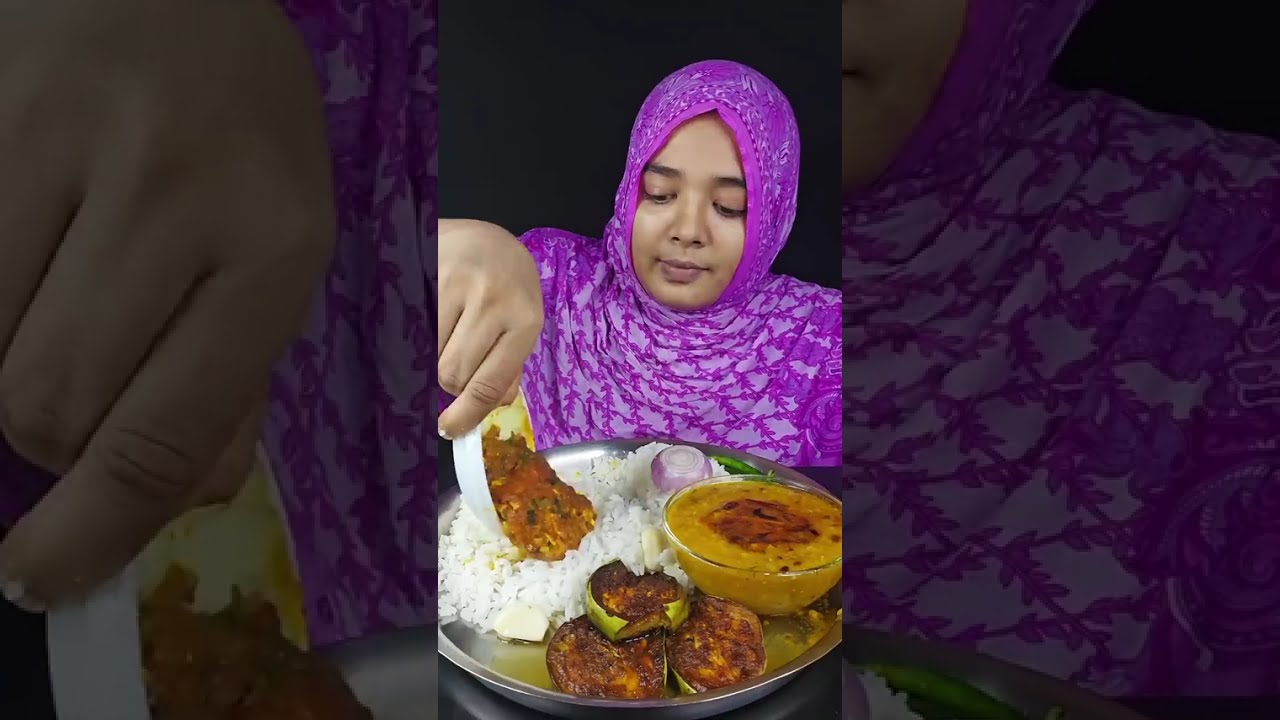 Cooking & Eating Dal Chawal, Egg Omelette Curry, Brinjal Fry,  Bigbites Eating, ASMR FOOD EATING