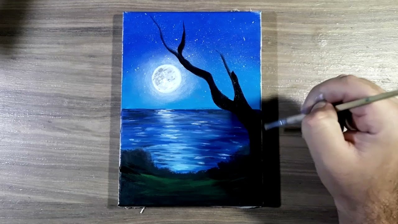 uma linda noite/pintura acrílica para iniciantes/ video relaxante