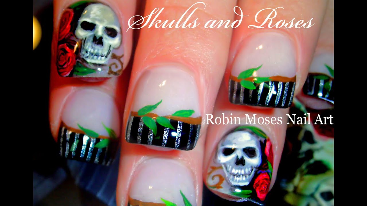 DIY Skulls and Roses Nail Art Design | Sexy Gothic Nails Tutorial