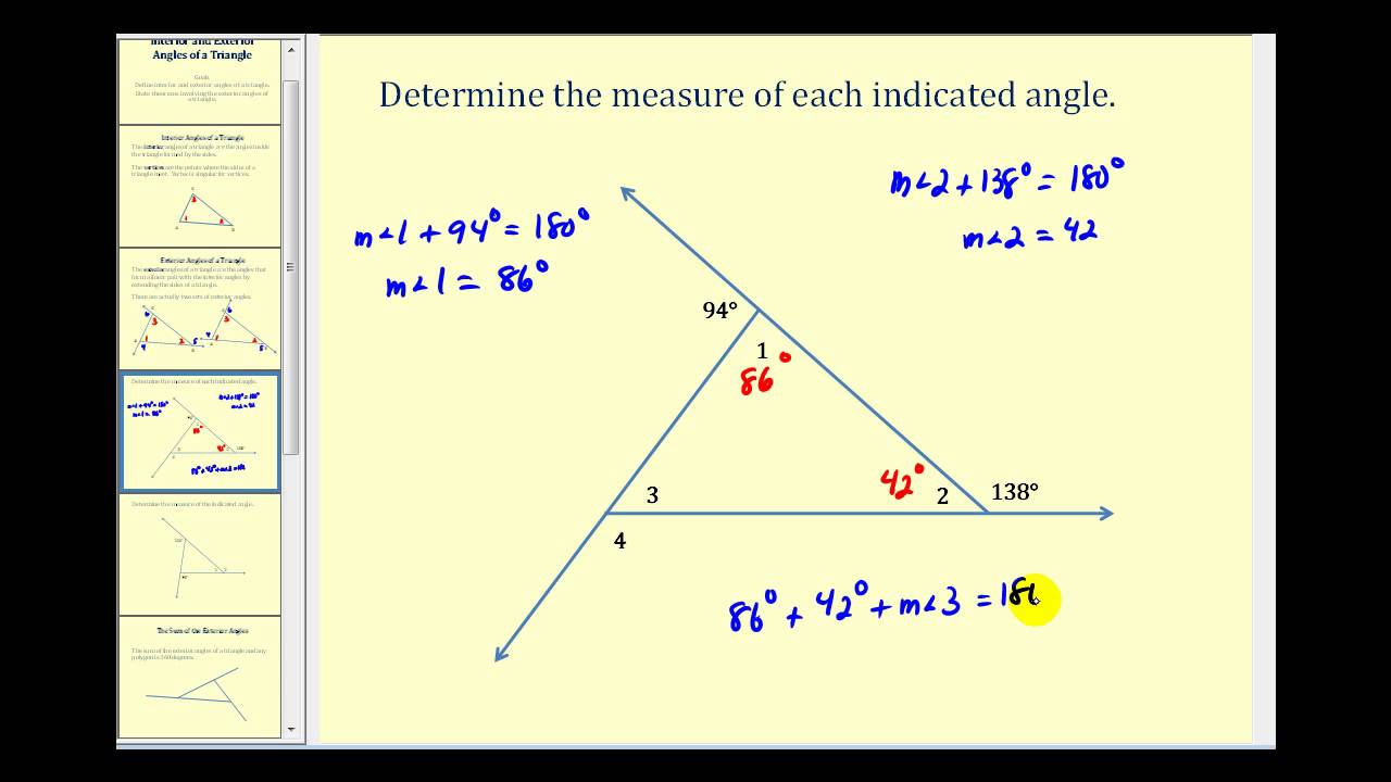 Introduction to the Interior and Exterior Angles of a Triangle.