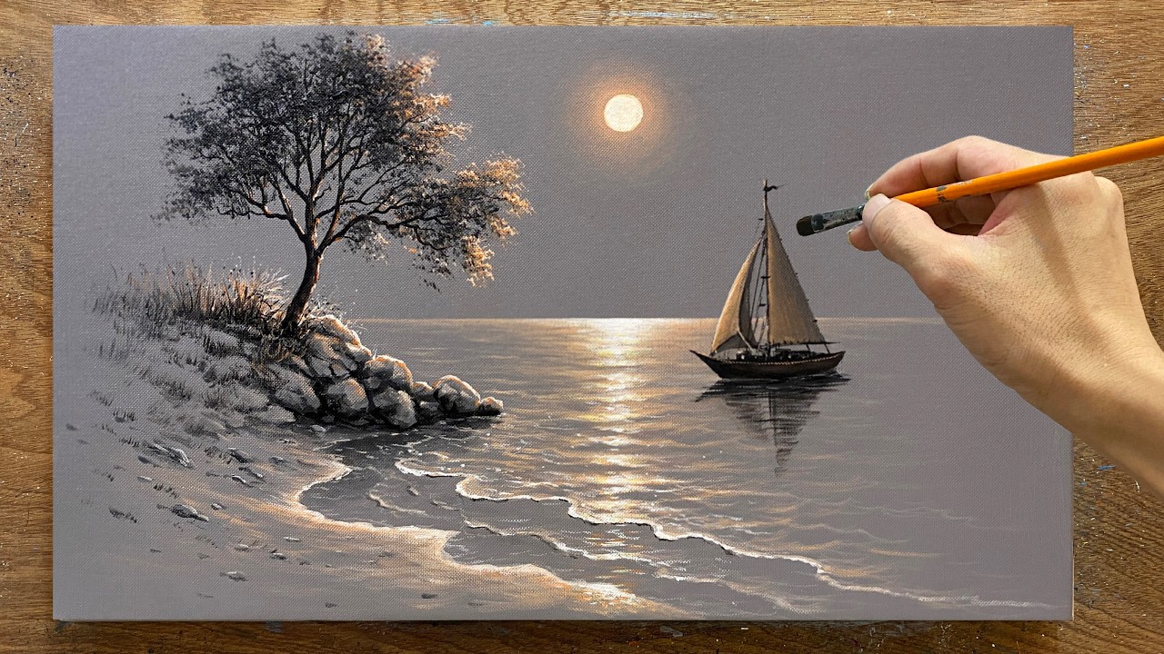 How to paint landscape /#151/ A bright moonlit night at sea / Acrylic landscape painting / A Lu Art.