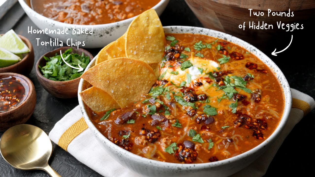 High Protein Turkey Chili with Hidden Veggies (+ Baked Tortilla Chips & 3 Ways to Use Leftovers)
