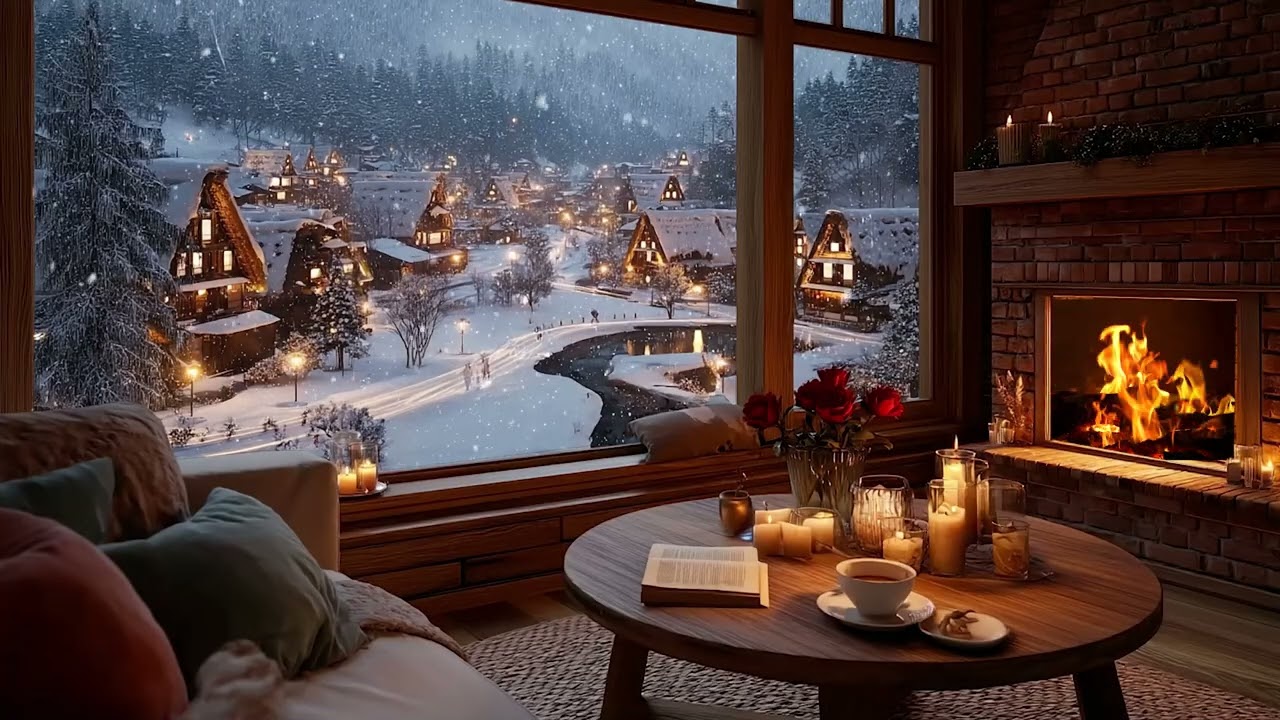 Snowy Winter Day ❄️ Relaxing Piano Music & Fireplace Sounds for Studying