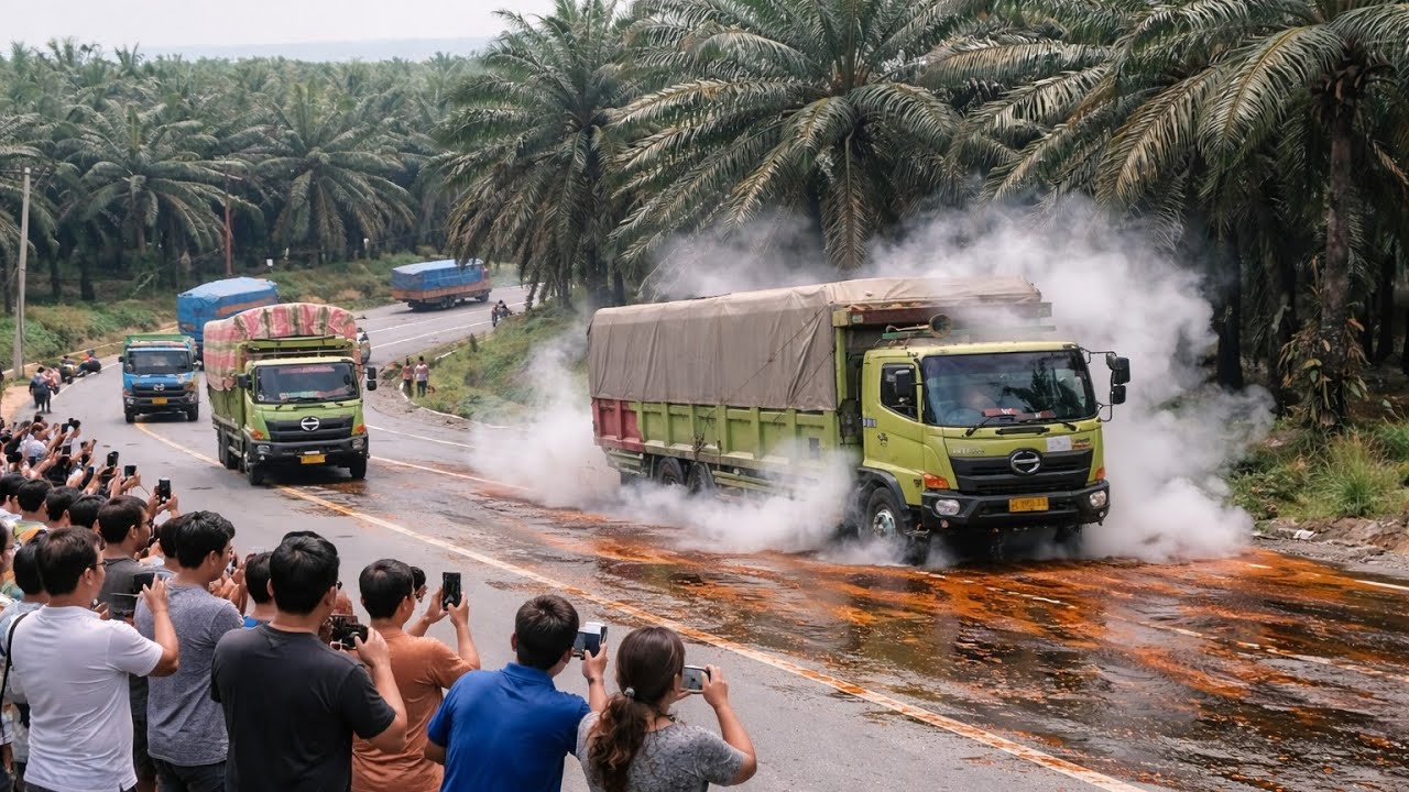 Truck Tidak kuat Menanjak Akibat Tumpahan Minyak Cpo Ban sampai gangsing dan berasap
