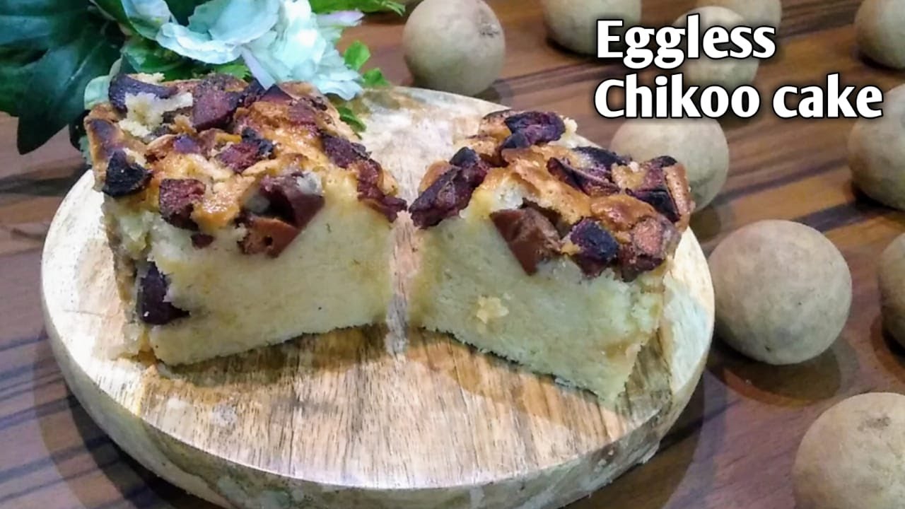 Eggless without oven, condensed milk, cream, butter soft sponge fruit cake | Easy chikoo cake recipe