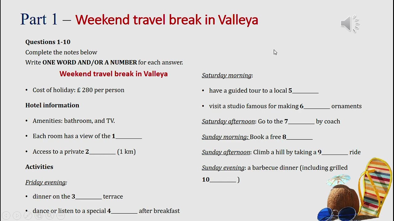IELTS listening actual test Part 1: weekend travel break in Valleya (answer+ transcript)