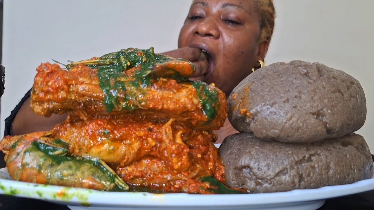 Nigeria food ASMR mukbang okra soup with fufu 
