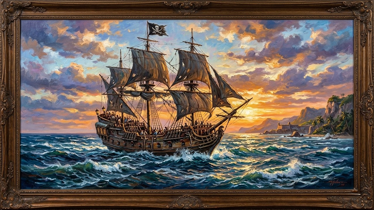 Pirate ship on a Advencher  Tv Art Wallpaper LIVE Screensaver Home Decor Oil Painting