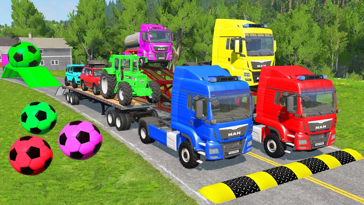 Triple Flatbed Trailer McQueen Transportation with Truck - Speedbumps vs Cars vs Train - BeamNG #45