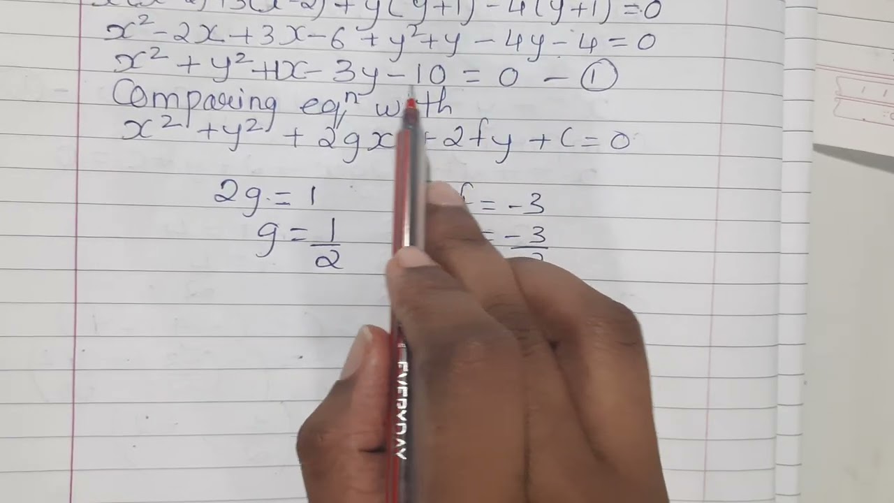 Find the centre and radius of the circle (x+3)(x-2)+(y-4)(y+1)=0