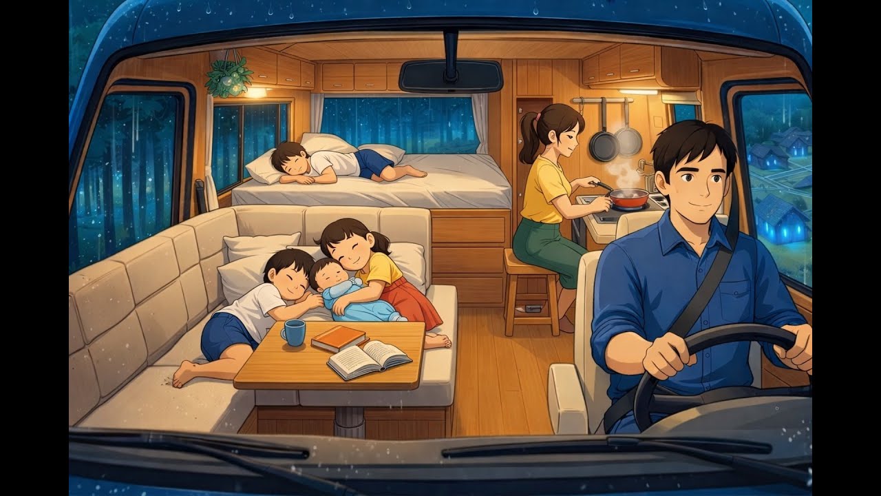 Family Road Trip Overnight in the Rain ⛈ Cozy Camper Life | Studio Ghibli Style Animation