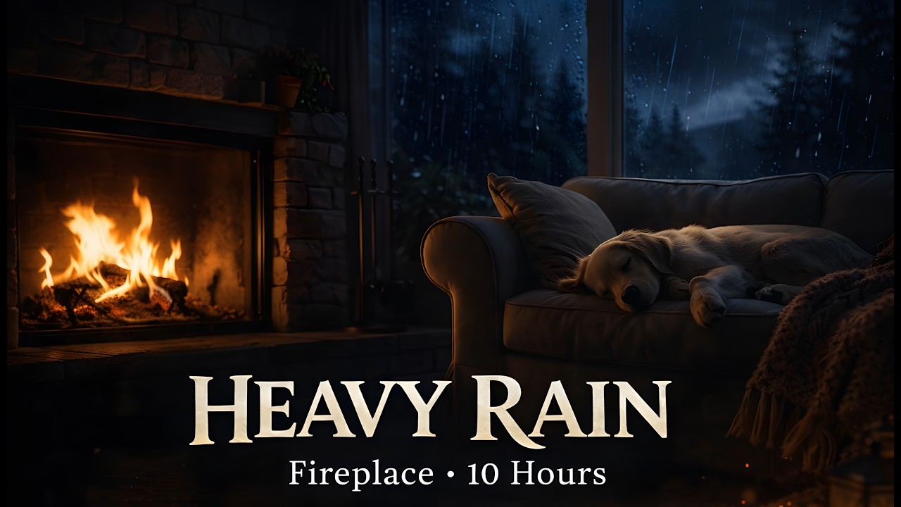 Heavy Rain & Fireplace Sounds (10 Hours for Deep Sleep)