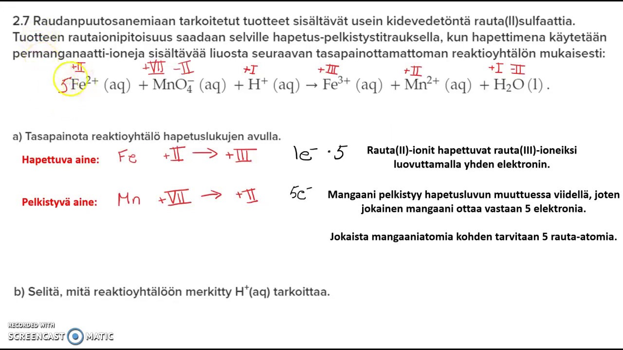 Reaktioyhtälön tasapainottaminen hapetuslukujen avulla (KE05)