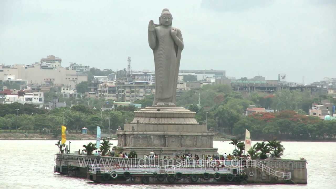 Buddha Statue in the midst of Hussain Sagar lake in Hyderabad