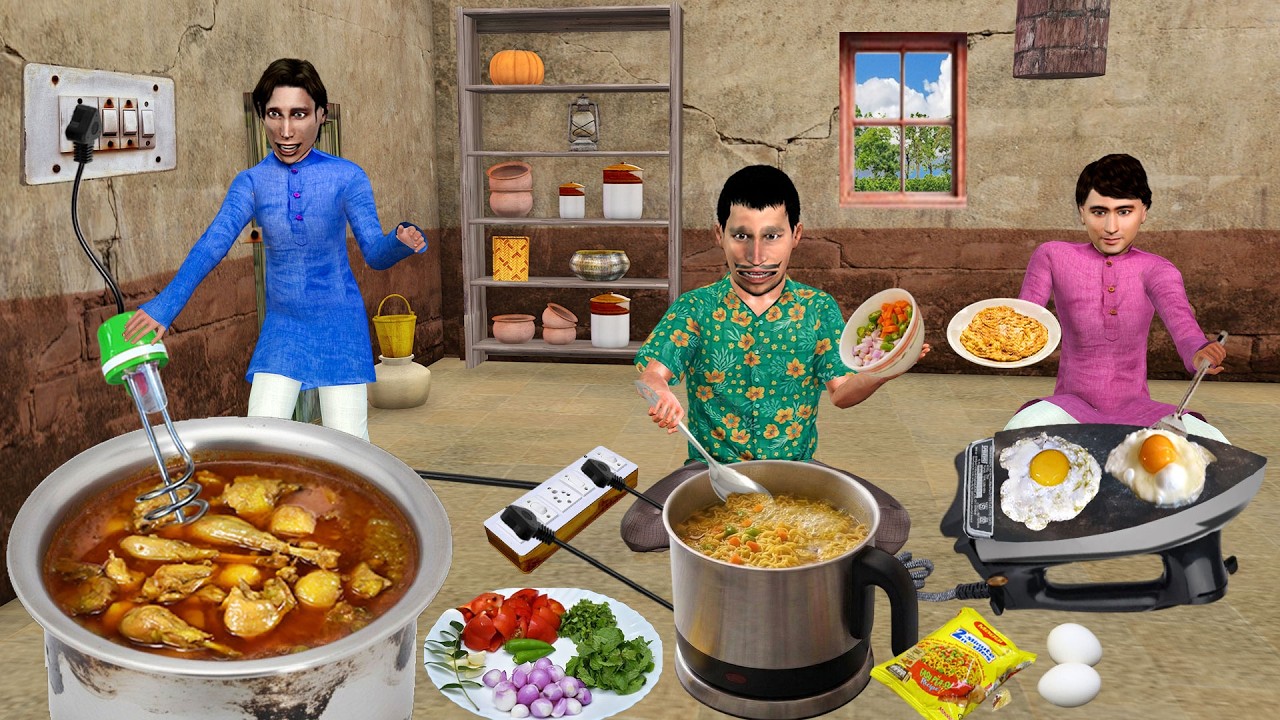 No Gas Bachelors Cooking Maggi Omelette With Kettle Iron Box Hindi Kahani Moral Stories Comedy Video