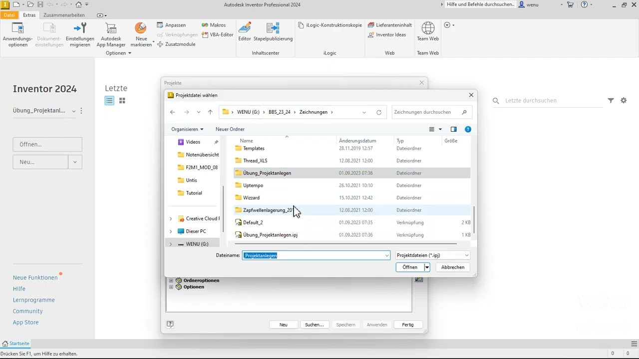 Inventor Tutorial Projekt anlegen