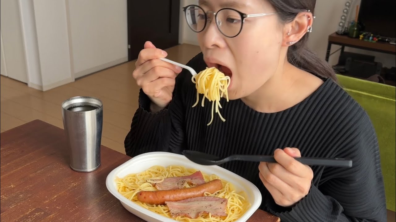 ASMR コンビニ 大盛りペペロンチーノ🍝🥓【咀嚼音/Mukbang/Eating Sounds】