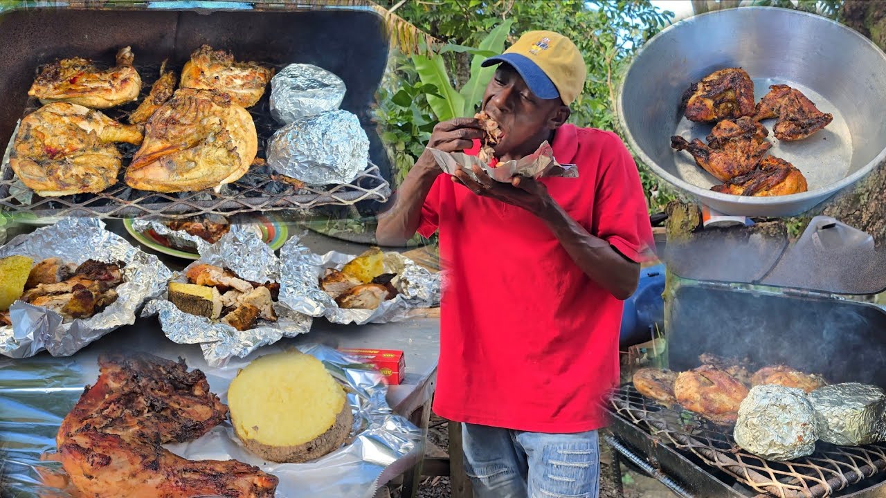 Real Jamaican style Outdoor Jerk Chicken And Roast Yam Authentic Way seasoned To The Bone 