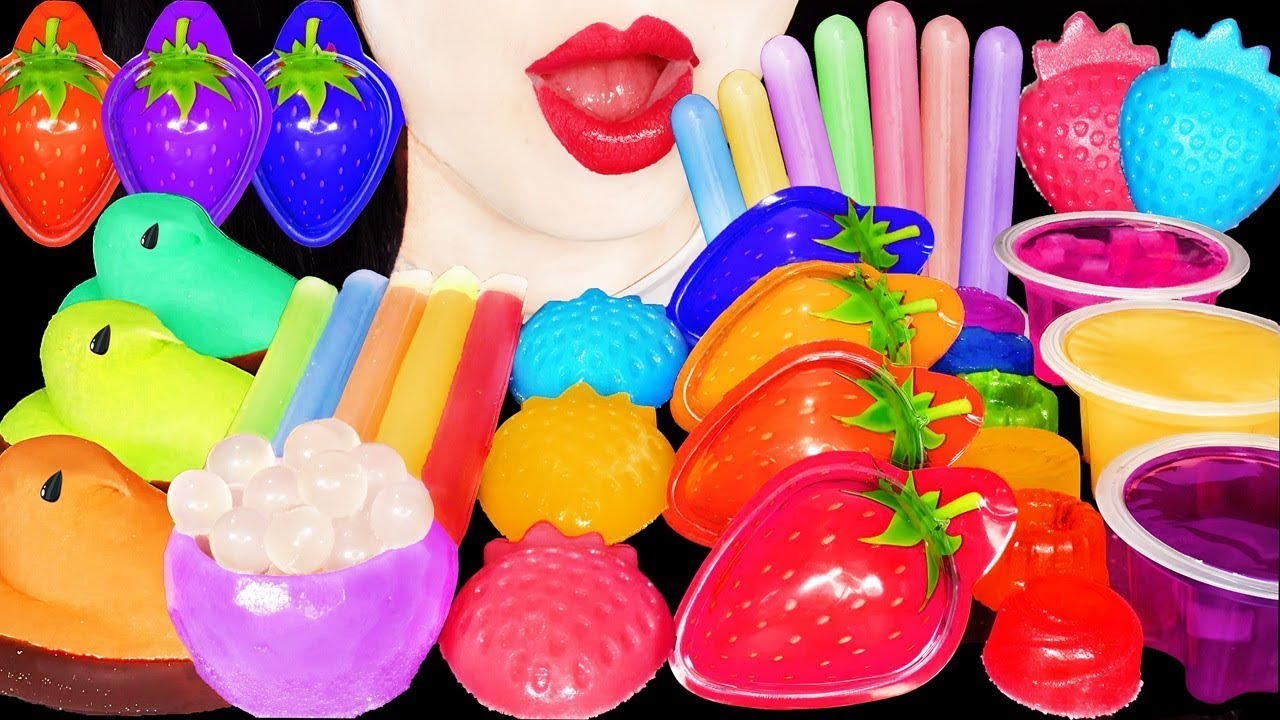 ASMR RAINBOW DSSERTS* STRAWBERRY GUMMY, FRUIT SNACK JELLY 무지개 디저트 먹는 색연필, 닉클 먹방 food storage tips