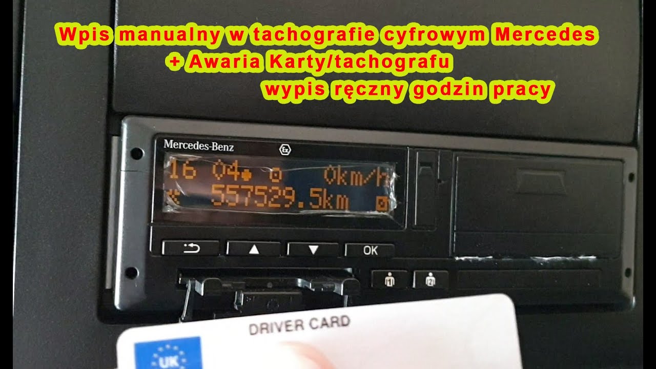 Wpis manualny w tachografie cyfrowym Mercedes, + Awaria karty/tachografu, wpis na rolce godzin pracy