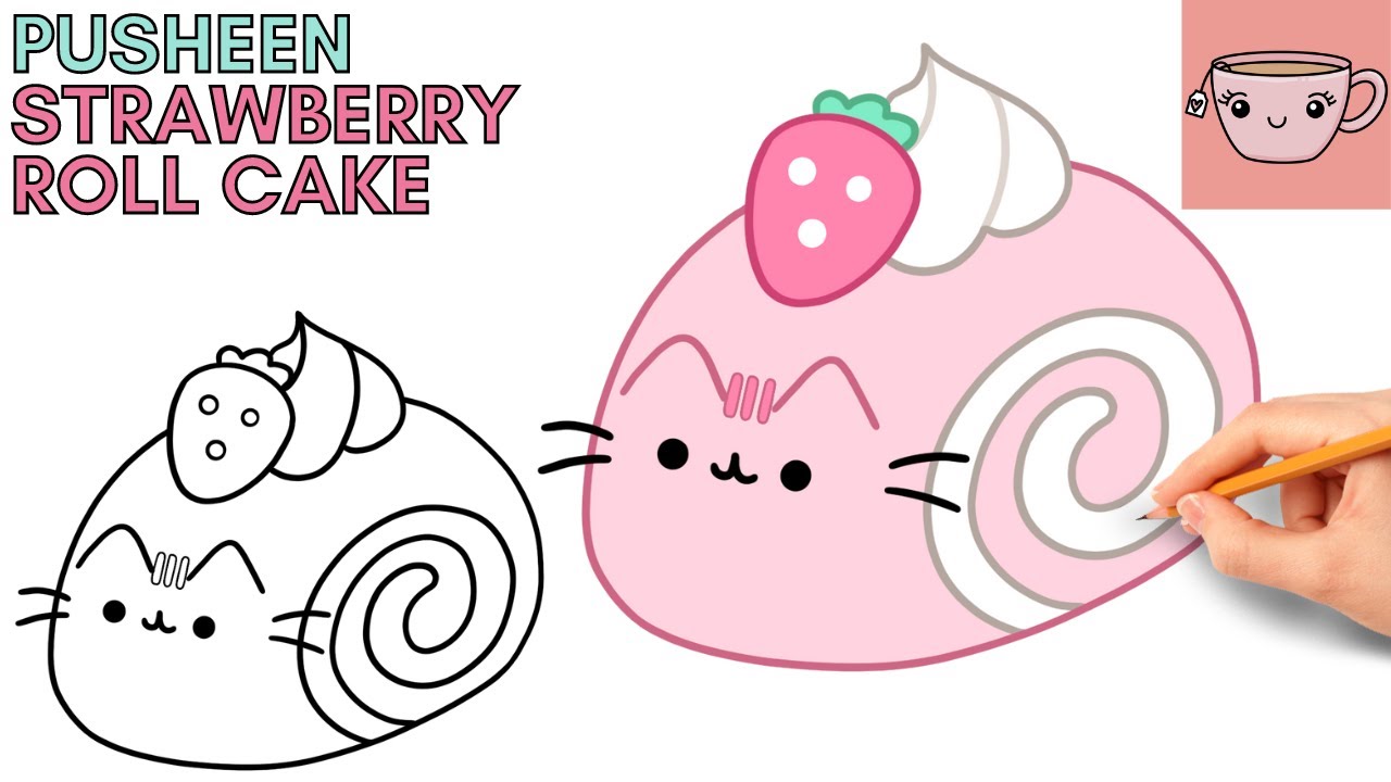 How To Draw Pusheen Cat - Strawberry Roll Cake | Cute Easy Step By Step Drawing Tutorial