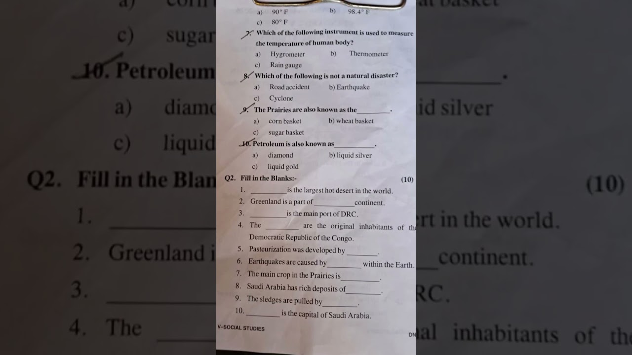 Class 5th Social Studies question paper of year 2025 26 for Second term
