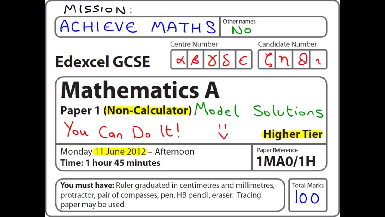 GCSE Maths Edexcel June 2012 1H Higher Non-Calculator (complete paper)