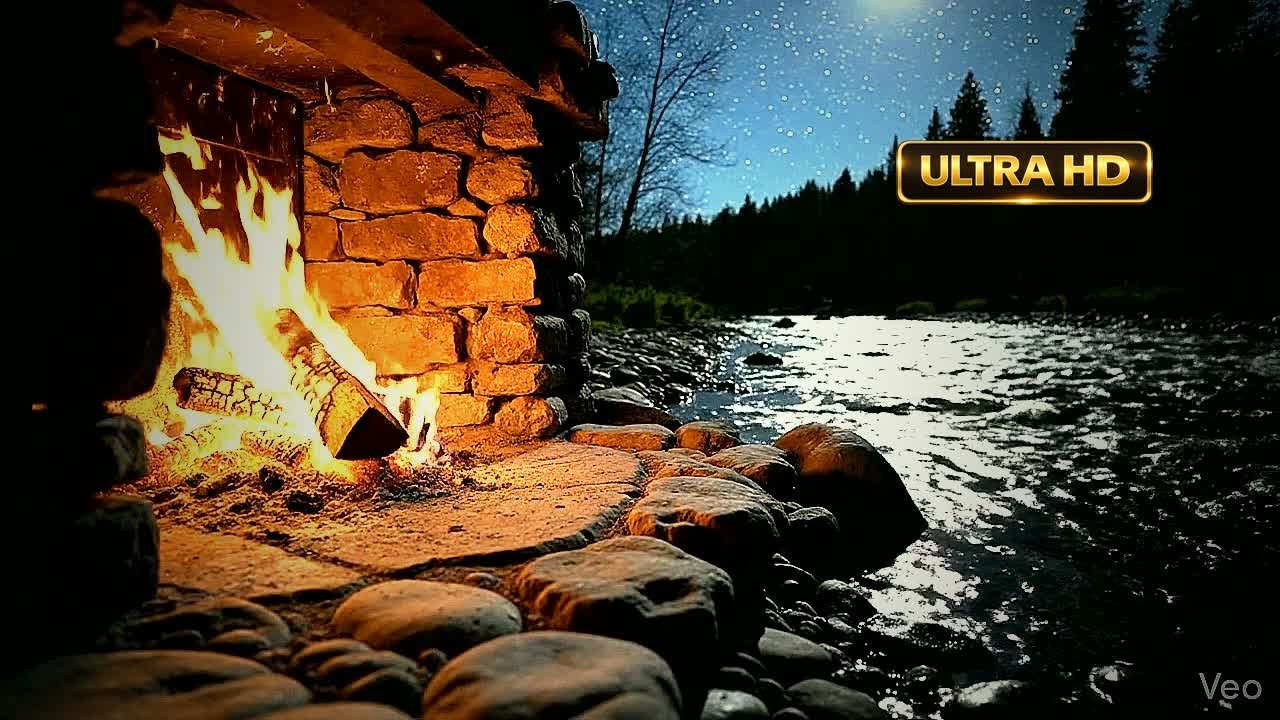 🔥 Ultra HD Cozy Fireplace By The River –  Relaxing Sleep Night with Crackling Logs | 10 Hours 