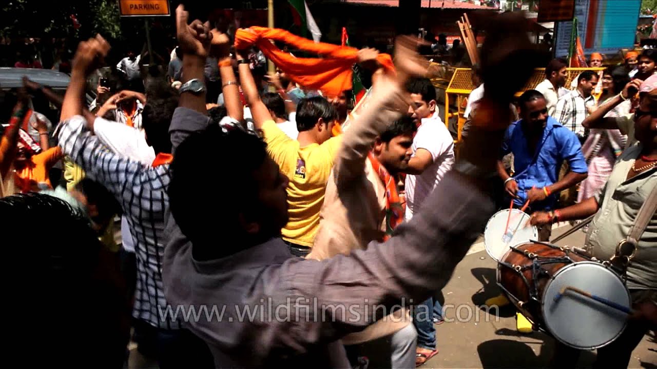BJP supporters dance to celebrate party victory in elections