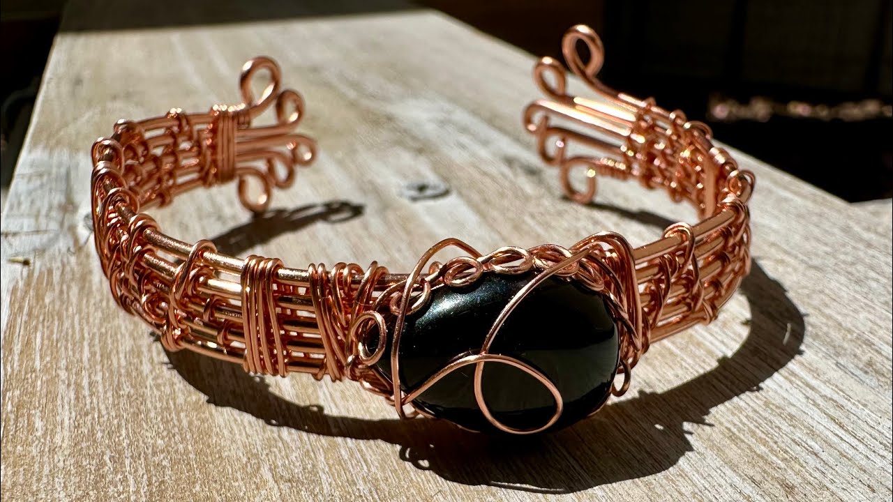 Copper Wire Wrapped Multi-band Cuff Bracelet with Onyx Cabochon ||| diy jewelry Tutorial