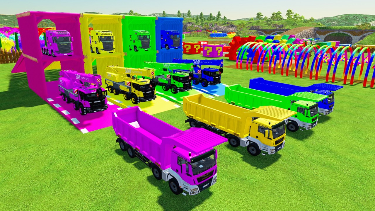 Colorful trucks - ALL COLORFUL MAN TGX DUMP TRUCK, SCANIA XT CRANE TRANSPORTING TO COLORUFL GARAGE