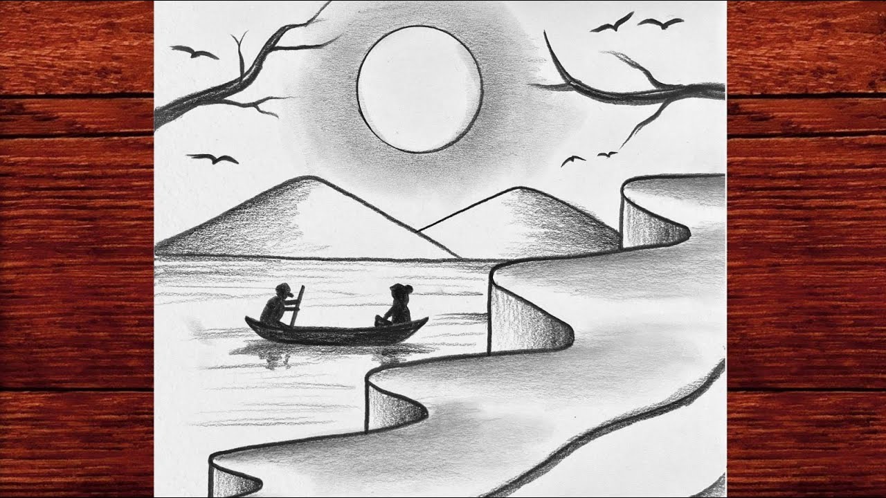 How to Draw a Beautiful Sunset Lake Scene - Easy Pencil Landscape Drawing