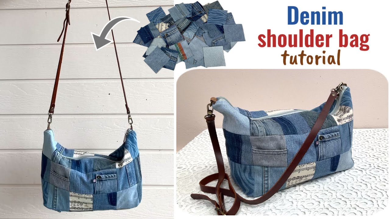sewing diy denim zipper shoulder pouch bag from scrap old jeans, shoulder bag pattern,diy sling bag
