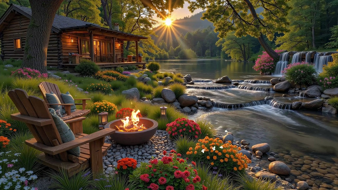 Relaxing Spring Morning Lakeside Cabin Ambience 🌿🌺 Soft Piano, Warm Fireplace for Deep Sleep