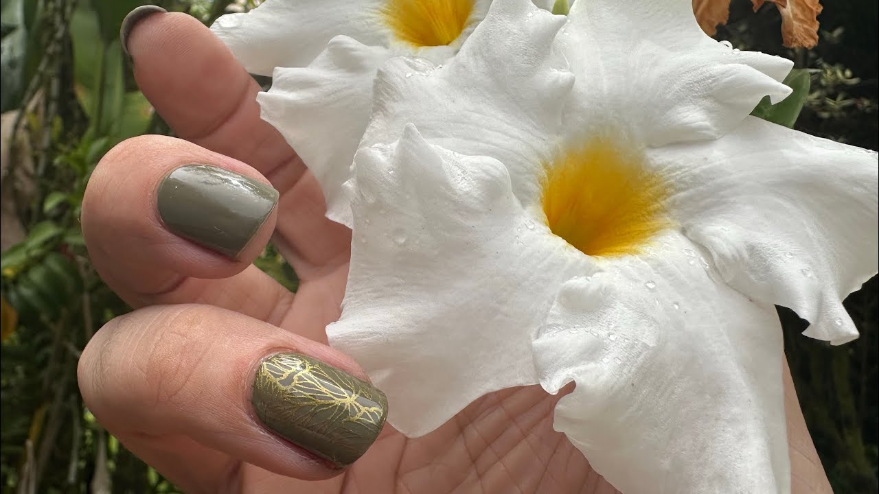 Olive Green & Gold Skeleton Leaf Nail Stamping 💅 Puppy 🐶 at the end. Maniology M404 B499