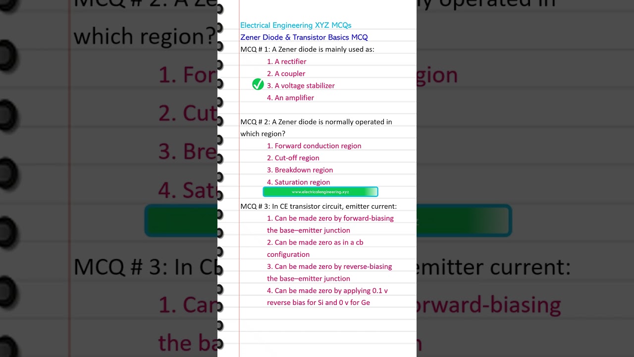Zener Diode & Transistor Basics MCQ - Electrical Engineering MCQ