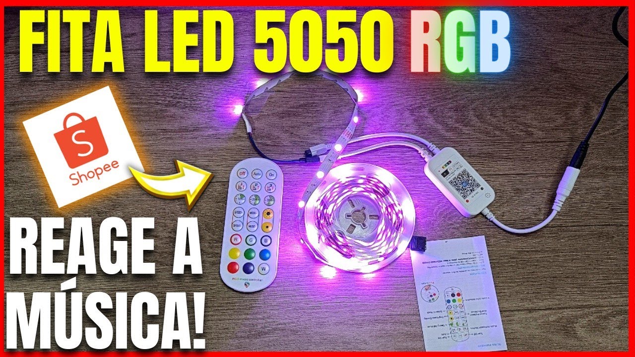 FITA LED 5050 RGB QUE REAGE A MÚSICA, COMPRADA NA SHOPEE- UNBOXING/REVIEW