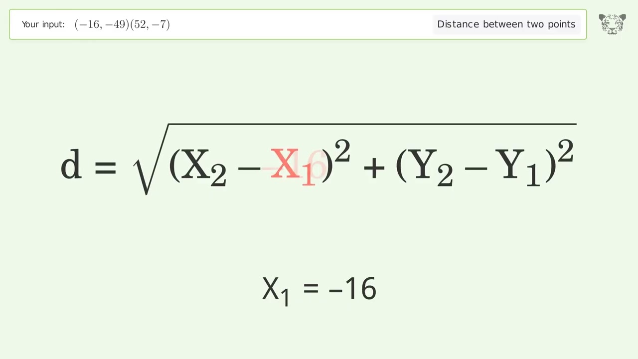 Find the distance between two points p1 (-16,-49) and p2 (52,-7): Step-by-Step Video Solution