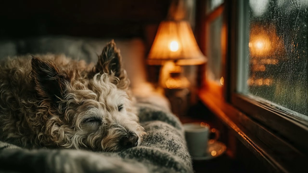 Safe & Calm Night Ambience | Rain Sounds & Relaxing Music, Cozy Bedroom, Sleeping Dog 🌧️🎵