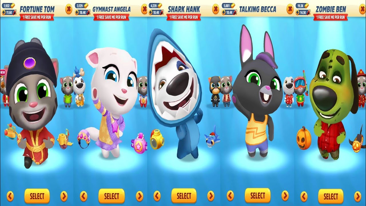 Talking Tom Gold Run Fortune Tom vs Gymnast Angela vs Shark Hank vs Talking Becca vs Zombie Ben