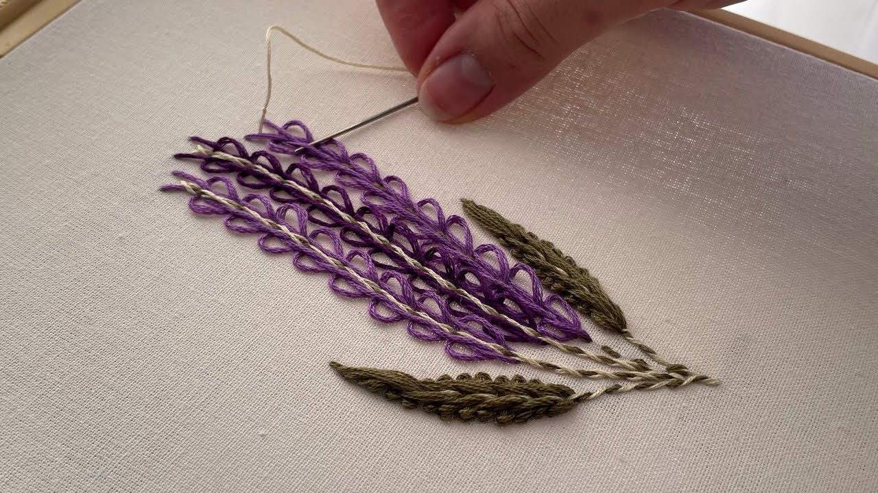 Unique Hand Embroidery Lavender Design with Looped Running Stitch | Leaf Stitch Embroidery Designs 