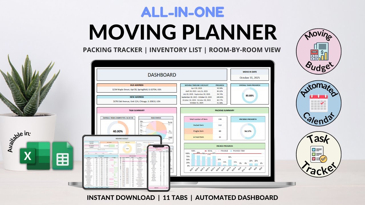 Ultimate Moving Planner Spreadsheet - Moving budget - Moving Tasks - Schedule - Service Providers