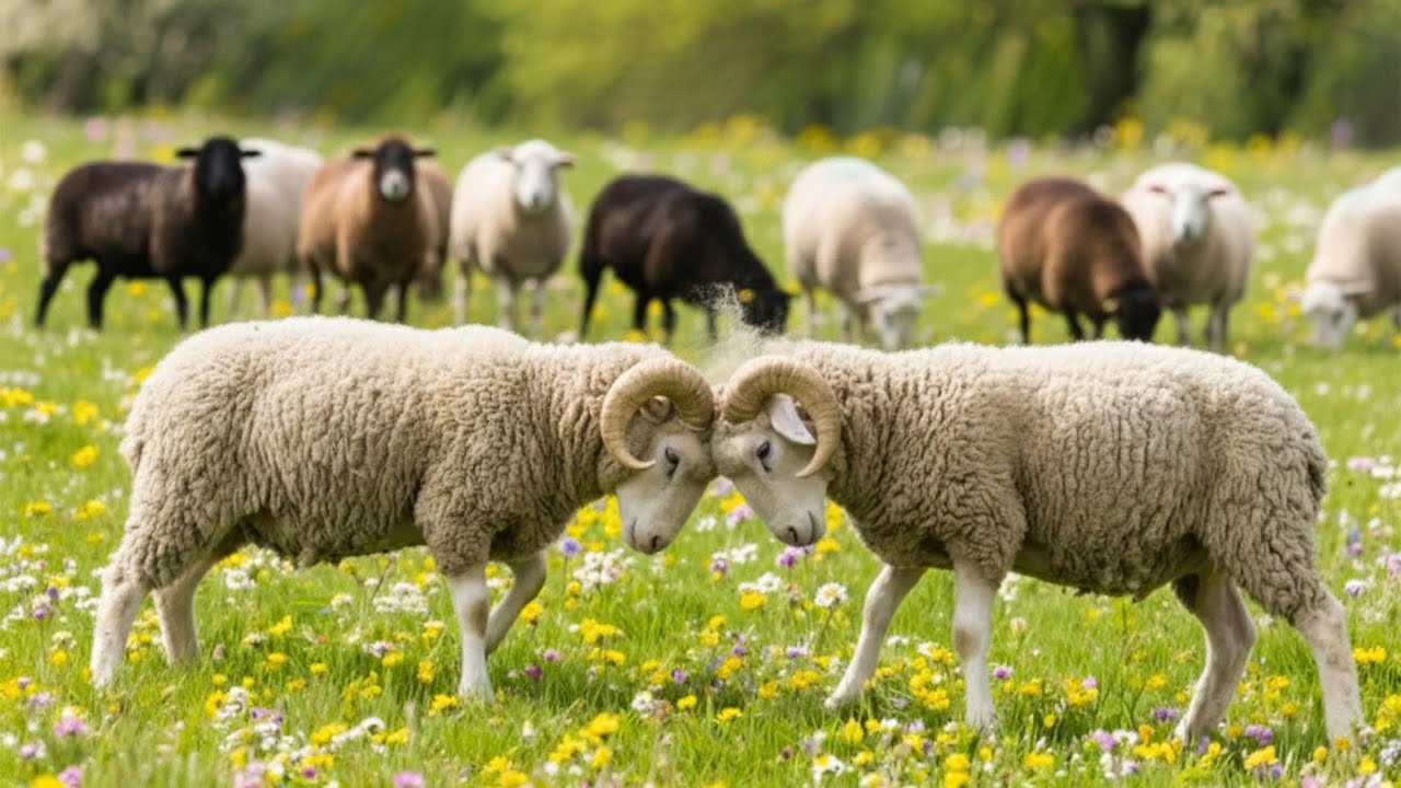 A moment of cute little sheep playing in a field of flowers - Sheep sounds - Sheep and goat videos