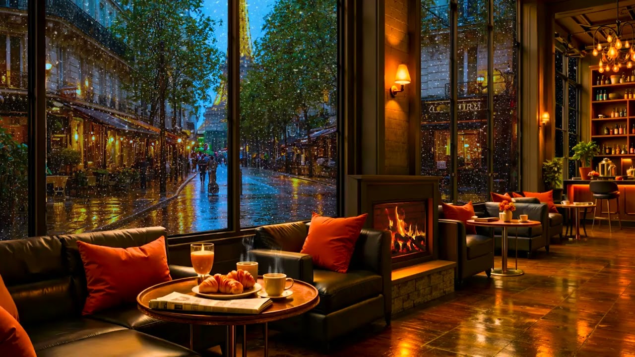Rainy Paris Café ☕ Jazz Music with Eiffel Tower View | Cozy Coffee Shop Ambience for Study & Relax