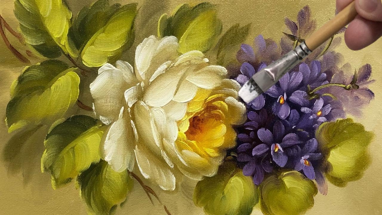 БЕЛАЯ РОЗА И ФИАЛКИ / ПОШАГОВАЯ ЖИВОПИСЬ / ХОЛСТ, МАСЛО