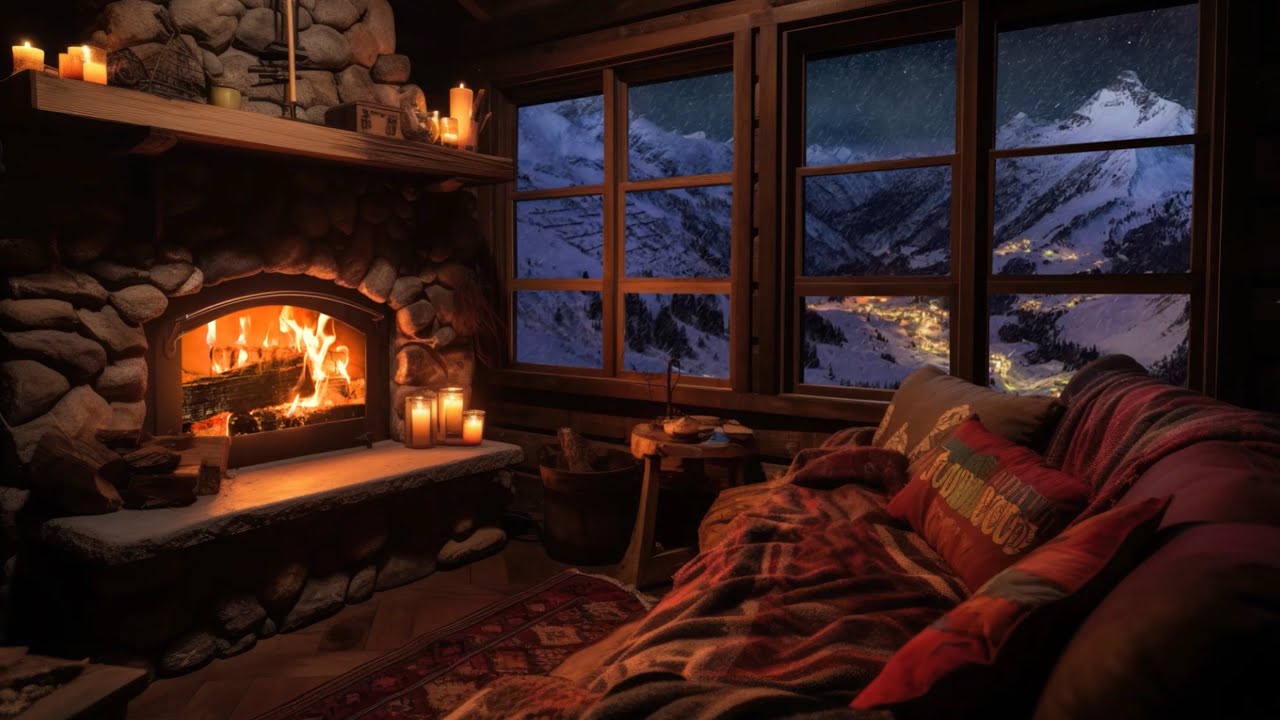 Cozy Fireplace with Snowy Mountain View ❄️🔥 | 1 Hour Relaxing Ambience