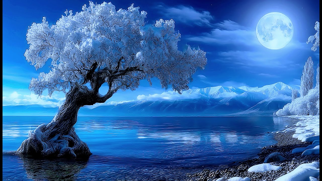 Moonlit Winter Tree by Frozen Lake | 94 Minutes Deep Sleep Music & Soft Waves